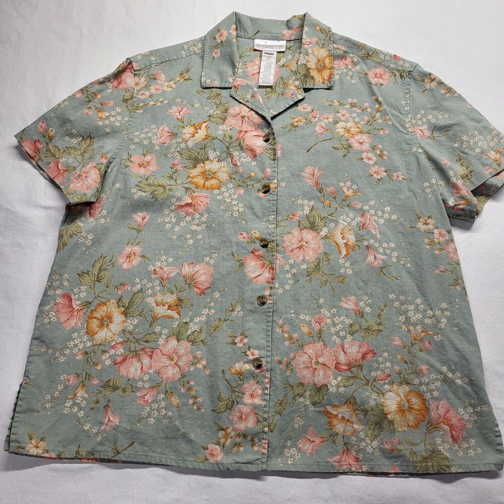 Jones New York Floral Linen Button Blouse LG Green Cottagecore Short Sleeve